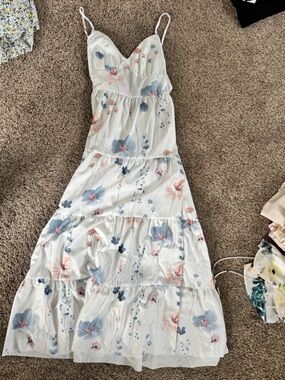 White Floral Tiered Maxi Dress with Blue and Pink Flowers